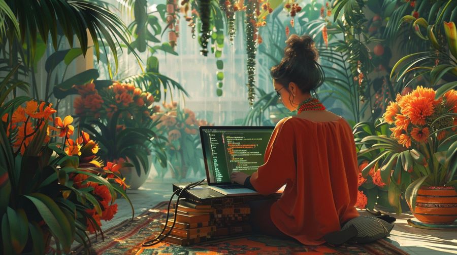 Flexible Ausbildung zum Heiler Eine moderne Illustration, die flexibles Online-Lernen darstellt.